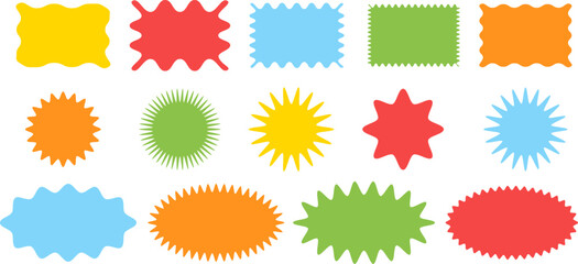 Flat colorful burst and blob label shapes collection in various styles on white background. Perfect for stickers, badges and labels