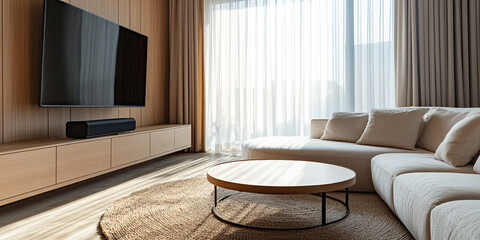 Poster - Modern living room interior showcasing a beige sofa, wooden coffee table, and wall-mounted television on a wooden media console, creating a serene and minimalist atmosphere
