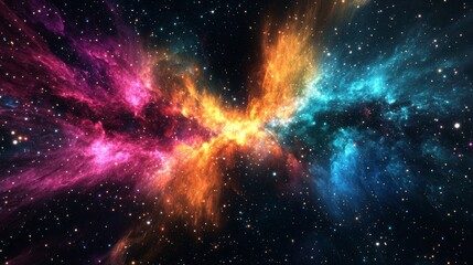 Poster - Vivid nebula with pink, orange, and blue cosmic clouds in space.