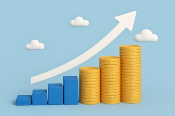 Poster - Financial Growth: Depicting growth with stacked coins and rising arrow in a photorealistic illustration, suggesting positive financial trends and successful business ventures.