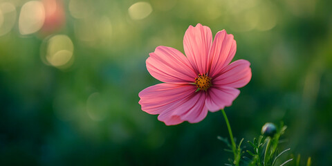 Aufkleber - Pink cosmos flower close-up against a blurred green background, showcasing delicate petals and vibrant color, symbolizing nature's beauty and serenity, ideal for calm and peaceful concepts