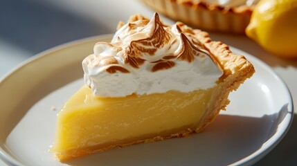 Poster - Close-up view of a lemon meringue pie slice on a white plate, showing a golden crust, creamy filling, and fluffy meringue, perfect for dessert lovers