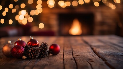 Aufkleber - A close-up shows Christmas ornaments and pine cones on a rustic table, with twinkling lights and a warm fireplace glowing in the background