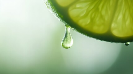 Aufkleber - A droplet of lime juice hangs mid-air with a green lime slice softly blurred behind it, creating an atmosphere of freshness and zest in natural light