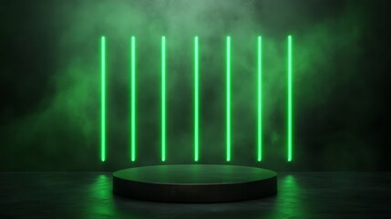 Poster - A black pedestal stands center stage, illuminated by striking green neon tubes that create a vivid contrast in a sleek, dark room, perfect for tech or fashion showcases