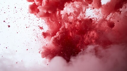 Poster - Red ink bursts outward in a dynamic display on a pristine white surface, freezing mid-motion to emphasize energy, color saturation, and creative expression