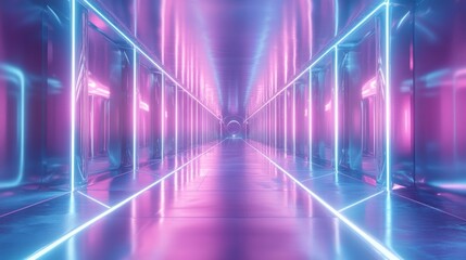 Poster - Futuristic neon-lit corridor with reflective floor and walls.