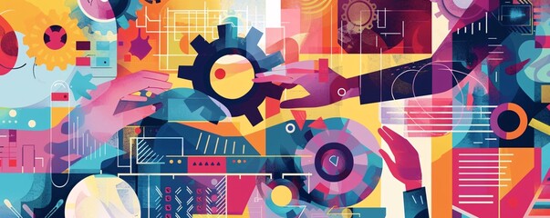 Poster - Abstract illustration of business people joining their hands to build a new project