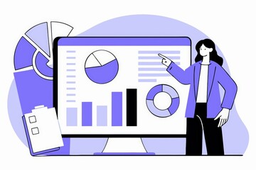 Poster - A woman points to a computer screen displaying various charts and graphs, representing data analysis and business insights in a modern design.