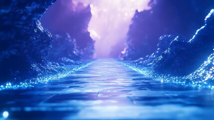 Poster - Glowing path between blue rock formations leading to purple sky.
