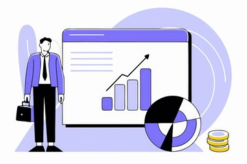 Poster - A business professional stands beside a graph and pie chart, symbolizing data analysis and financial growth in a modern, digital context.