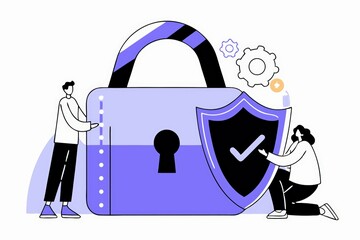 Poster - Illustration of two individuals working together on a large lock and shield, symbolizing security and protection in a digital context.