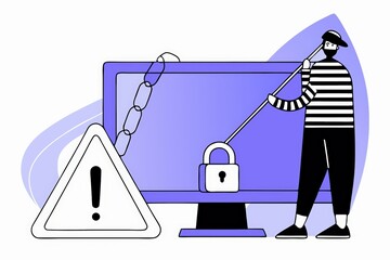 Poster - A digital illustration depicting a thief in a striped outfit, holding a lock and pointing at a computer screen with a warning sign, symbolizing cybersecurity threats.