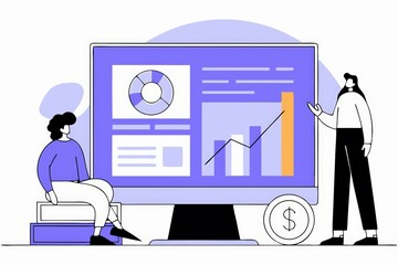 Poster - A digital illustration showing two individuals discussing data on a large screen, featuring graphs, charts, and a dollar symbol, emphasizing business analytics.