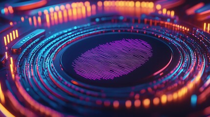 Poster - Futuristic fingerprint scan interface.  A digital fingerprint is centered on a circular, metallic platform, surrounded by glowing, swirling circuits and illuminated lines of vibrant colors