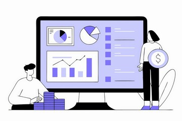 Poster - A digital illustration depicting a man and woman interacting with a large screen displaying graphs, charts, and financial data, emphasizing data analysis and business.