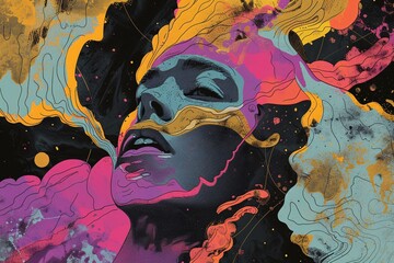Poster - Illustration of a woman breathing colorful smoke with a psychedelic and abstract design