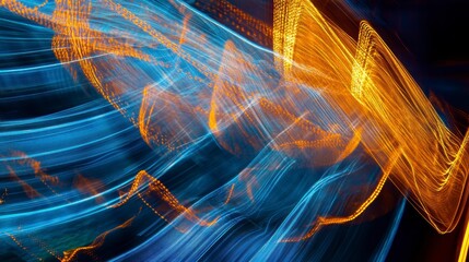 Aufkleber - Abstract light painting swirls of blue and orange colors on black background.