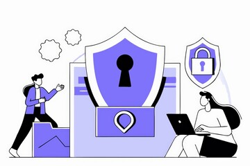 Poster - The image illustrates a digital security theme with characters interacting around shields and locks, symbolizing online protection and privacy.