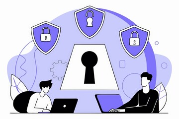 Poster - Two individuals work on laptops surrounded by security icons, indicating a focus on digital safety and cybersecurity.