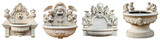 A collection of intricately carved ornate baroque style fountains and sculptures featuring angels cherubs and other decorative elements in a classical architectural style