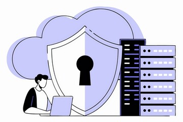 Poster - A person working on a laptop with a cloud, shield, and server imagery, symbolizing cybersecurity and data protection in digital environments.
