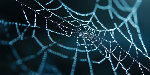 Mysterious Web: Close-up view of an intricate spider web glistening with morning dew, suspended against a blurred, dark backdrop, creating a sense of intrigue and wonder.