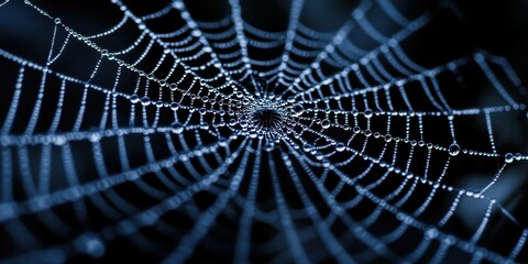 Intricate Web: Detailed image of a spider web adorned with dewdrops, exhibiting a perfect geometrical structure of a spider's architecture. Capture the delicate beauty.