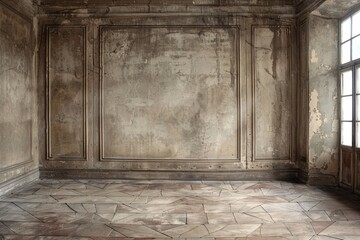 Poster - Sunlit empty room with a sizable damaged wall and tiled floor