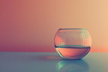 Leinwandbilder - Round glass is standing on a reflective surface, filled with water and reflecting warm light
