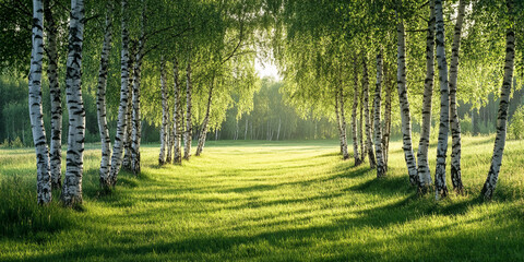 Aufkleber - Sunlit birch trees line a grassy path, creating a serene, natural scene symbolizing peace, tranquility, and the beauty of nature, ideal for calm and relaxing concepts