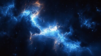 Poster - Glowing nebula in deep space with bright blue and orange hues, cosmic dust and stars.