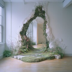 Aufkleber - A Floral Portal in a Modern Space: Moss, Vines, and Flowers Frame a Natural Entrance in a Minimalist Room.