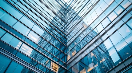 Poster - Reflective surfaces and sharp angles create a dynamic interplay of light and shadow. This stunning modern architectural design emphasizes the beauty of glass and steel in an urban environment