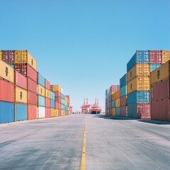 Poster - Container Terminal Landscape: Stacks of colorful cargo containers under a bright blue sky at a busy port.