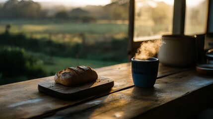 Poster - Freshly baked bread sits on a rustic wooden table alongside a steaming cup of tea. Sunlight streams through an open window, revealing peaceful countryside scenery