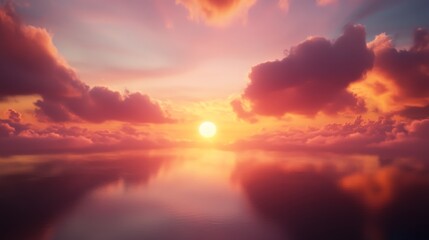 Aufkleber - A serene lake mirrors the glowing sun and colorful clouds at sunset, creating a peaceful and surreal landscape that invites contemplation and wonder