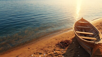 Aufkleber - An old rowboat sits quietly on sandy shore, surrounded by seashells and seaweed as the morning light creates long shadows over the tranquil scene