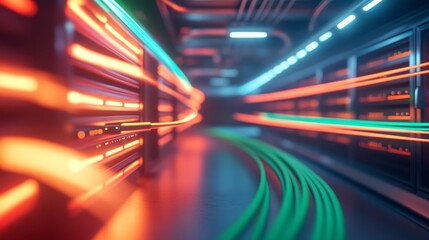 Aufkleber - Server racks are neatly arranged in a modern data center, with glowing green and orange cables highlighting the advanced technology and efficient organization