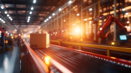 Poster - A single shipping box moves smoothly along a well-lit conveyor system, surrounded by blurred robotic arms and scanning devices in a busy fulfillment center