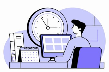 Poster - A person working at a desk with a computer and clock, depicting productivity and time management in a simple, modern design.