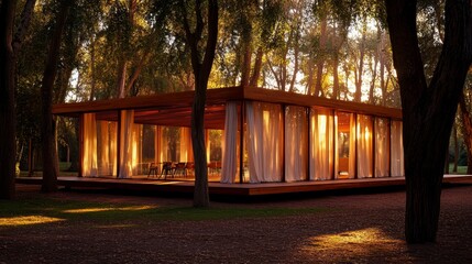 Aufkleber - Curved architectural design surrounded by towering trees, flowing sheer curtains billow gently while sunlight creates enchanting shadows in a serene setting