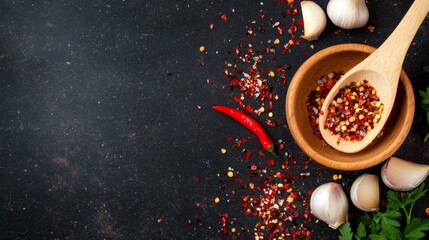 Poster - Close-up of spicy roasted garlic cloves sprinkled with chili flakes and parsley, arranged in a bowl with a wooden spoon on dark marble, ready for serving