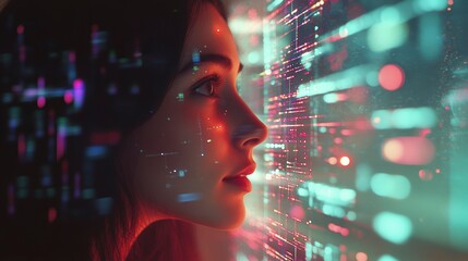 Leinwandbilder - Woman's profile illuminated by vibrant digital data streams, representing technological interaction and futuristic concepts.