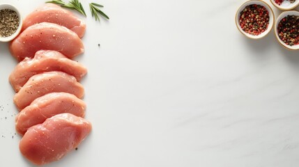 Aufkleber - Fresh uncooked chicken breast slices are artfully arranged alongside bowls of seasoning and rosemary, creating a clean and inviting culinary display
