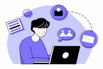 Poster - A person using a laptop, surrounded by icons representing communication, documents, and images, in a modern, minimalistic design with a purple background.