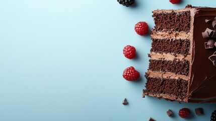 Aufkleber - Indulge in a rich chocolate cake with luscious frosting and fresh berries, presented on a soothing pastel blue background that enhances its visual appeal