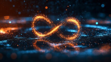 Poster - Glowing infinity symbol formed by particles, reflecting on dark surface.