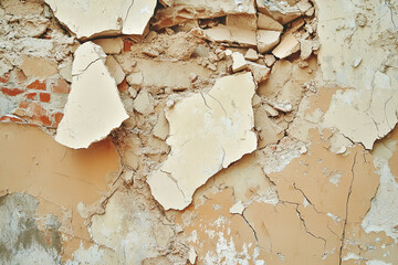 Poster - Beige wall texture with cracked and peeling paint, revealing brick underneath, showcasing aged, weathered, or distressed surface ideal for grunge or vintage design concepts