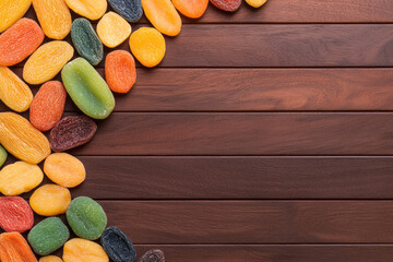 Aufkleber - Assorted dried fruits arranged beautifully on rustic wooden background, natural and organic theme,